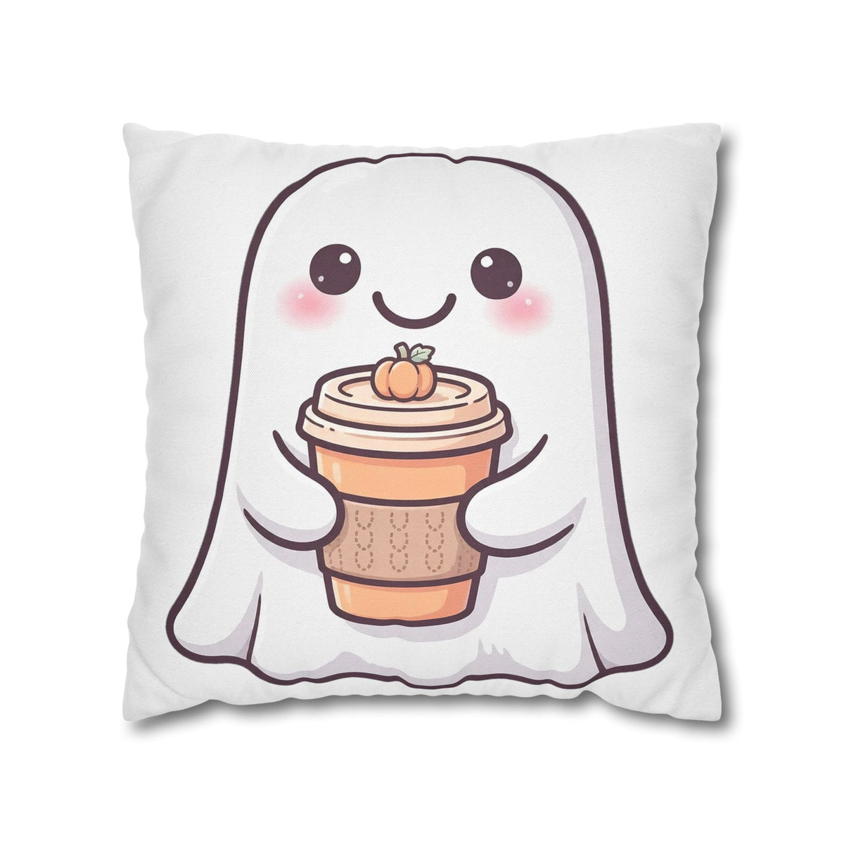 White throw pillow cover with a cute ghost holding a pumpkin spice latte