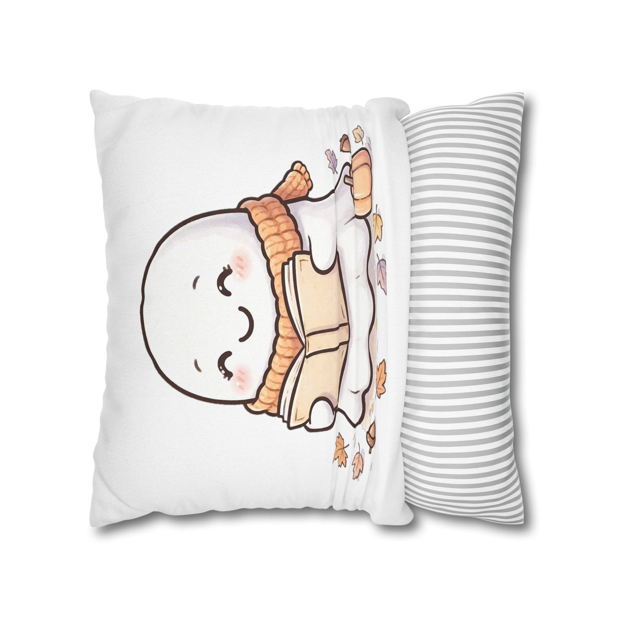 Cute Ghost Halloween Throw Pillow Cover 18x18 - Cozy Reading Ghost