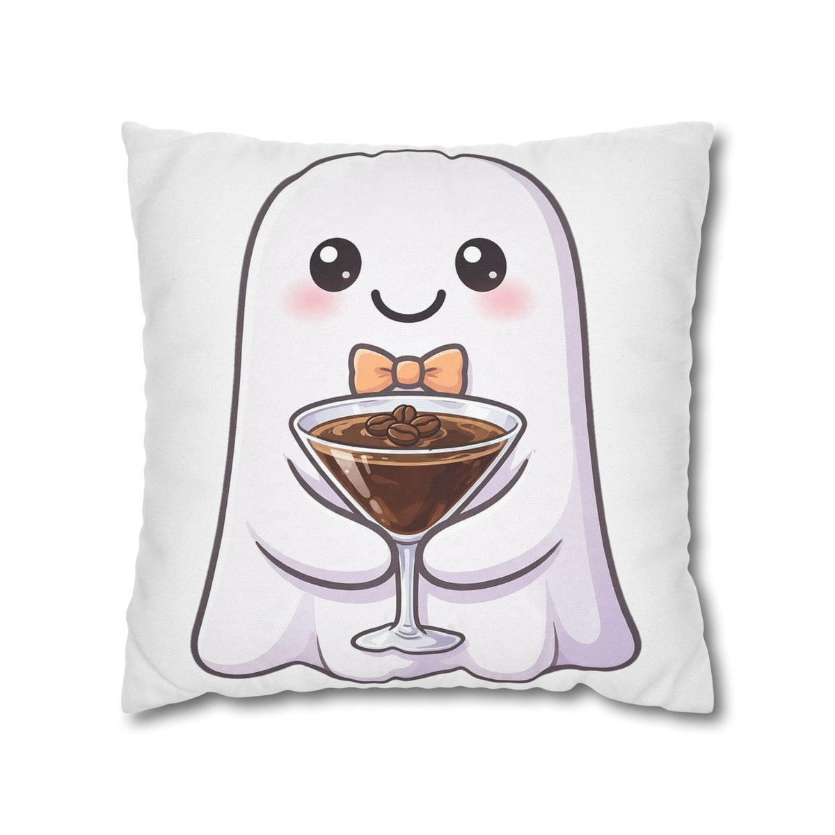 White 18x18 throw pillow cover with a cute ghost holding an espresso martini
