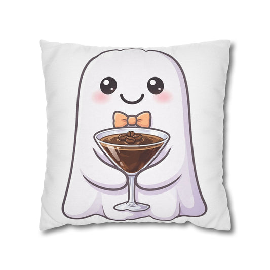 White 18x18 throw pillow cover with a cute ghost holding an espresso martini