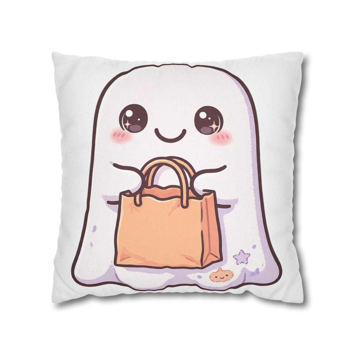 White throw pillow cover with a cute ghost holding shopping bags