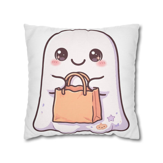 White throw pillow cover with a cute ghost holding shopping bags