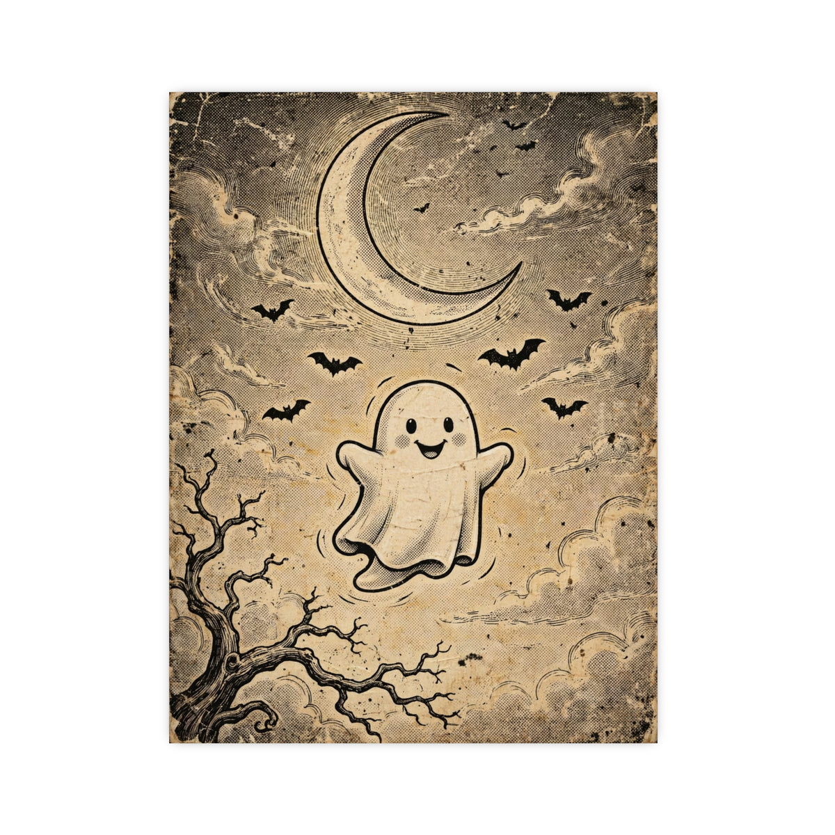 Retro vintage Halloween ghost wall art print — sepia postcard-style illustration with a cute ghost, moon and bats