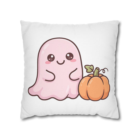 White throw pillow cover with a cute pink ghost holding an orange pumpkin