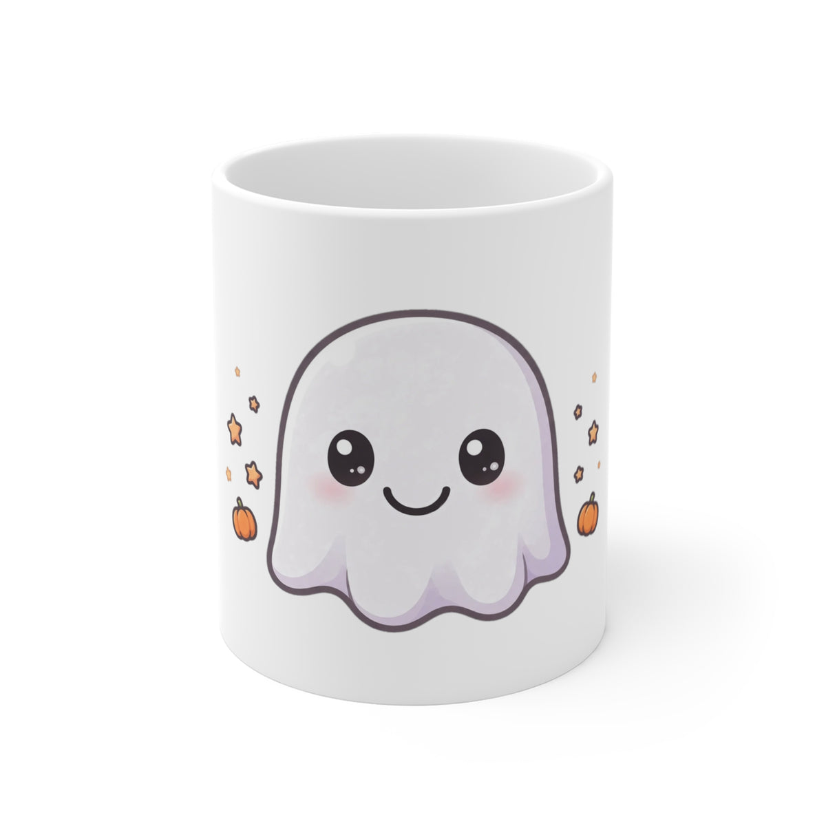 Cute white ghost ceramic mug with an original kawaii Halloween ghost face design