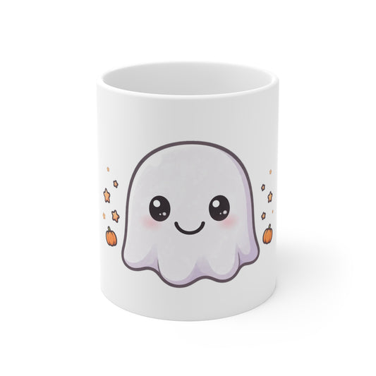 Cute white ghost ceramic mug with an original kawaii Halloween ghost face design